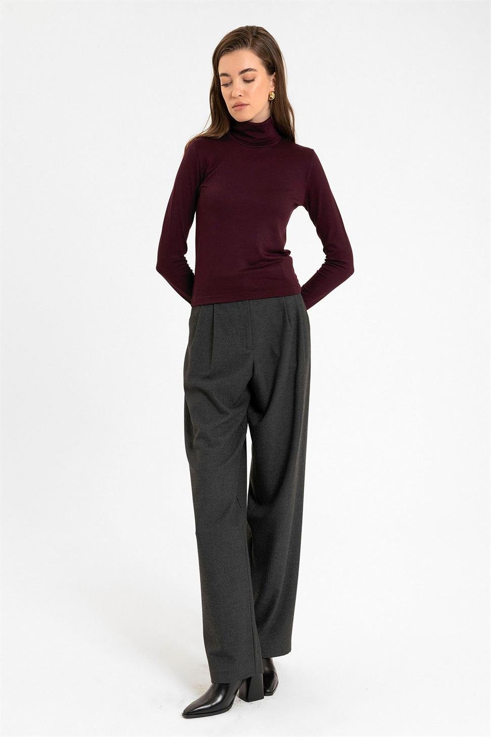 Antioch Bordo Kadın Boğazlı Triko Kazak