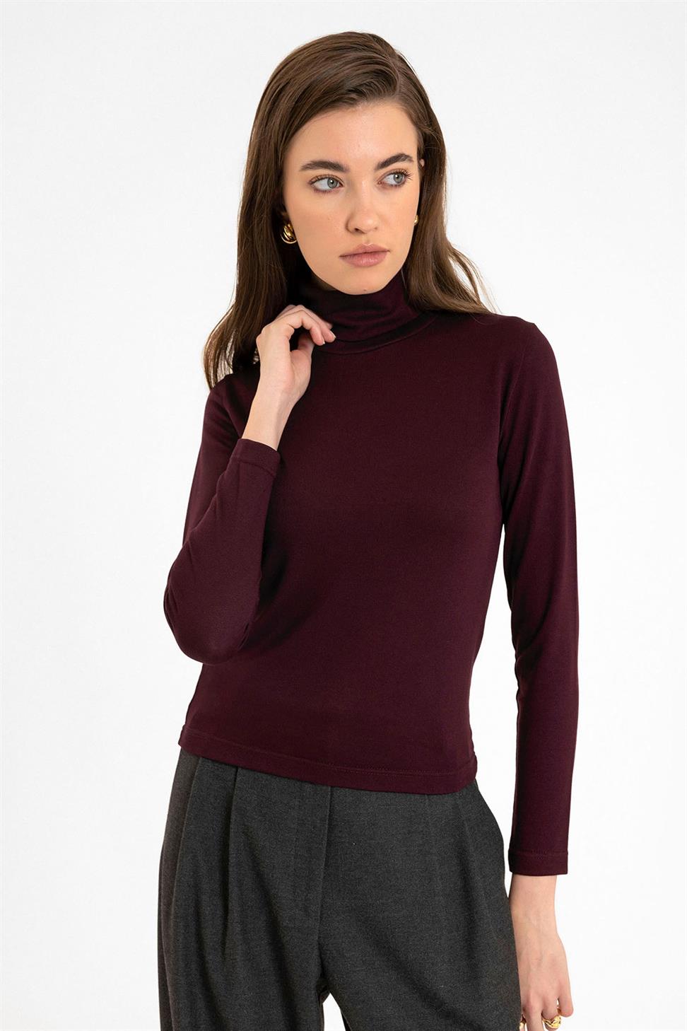 Antioch Bordo Kadın Boğazlı Triko Kazak