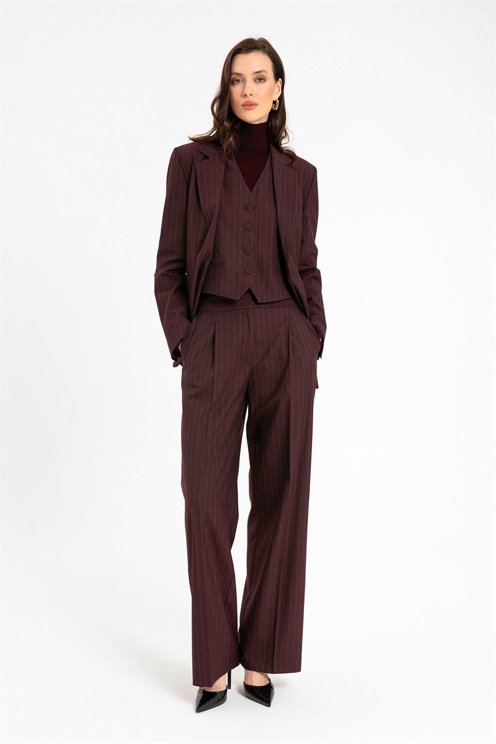 Antioch Bordo Kadın Çizgili Düğme Kapama Yelek