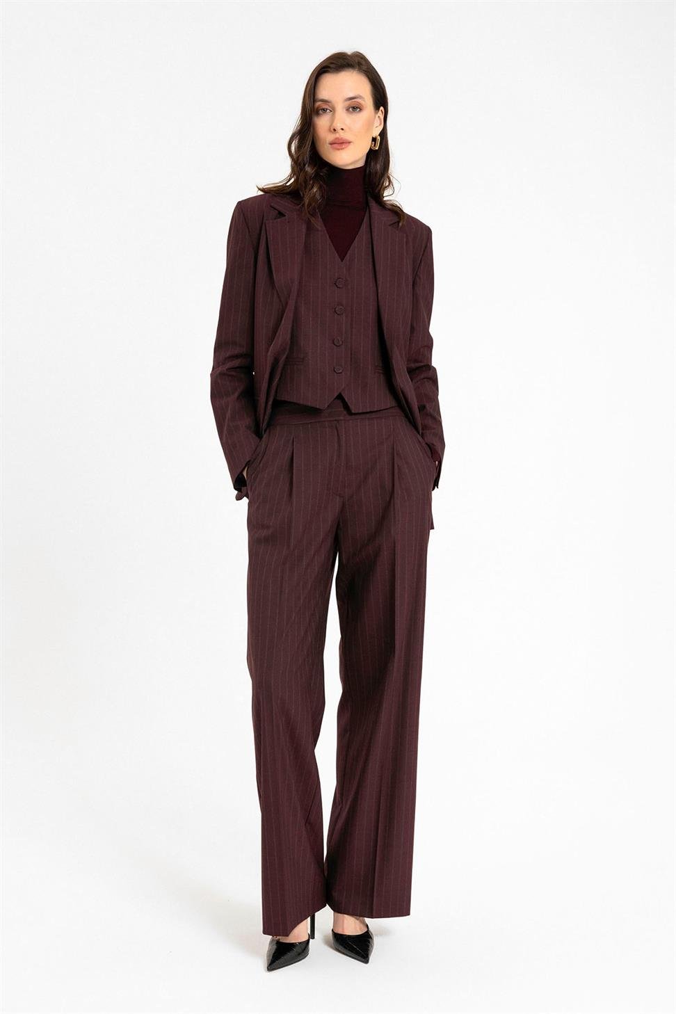 Antioch Bordo Kadın Çizgili Düğme Kapama Yelek