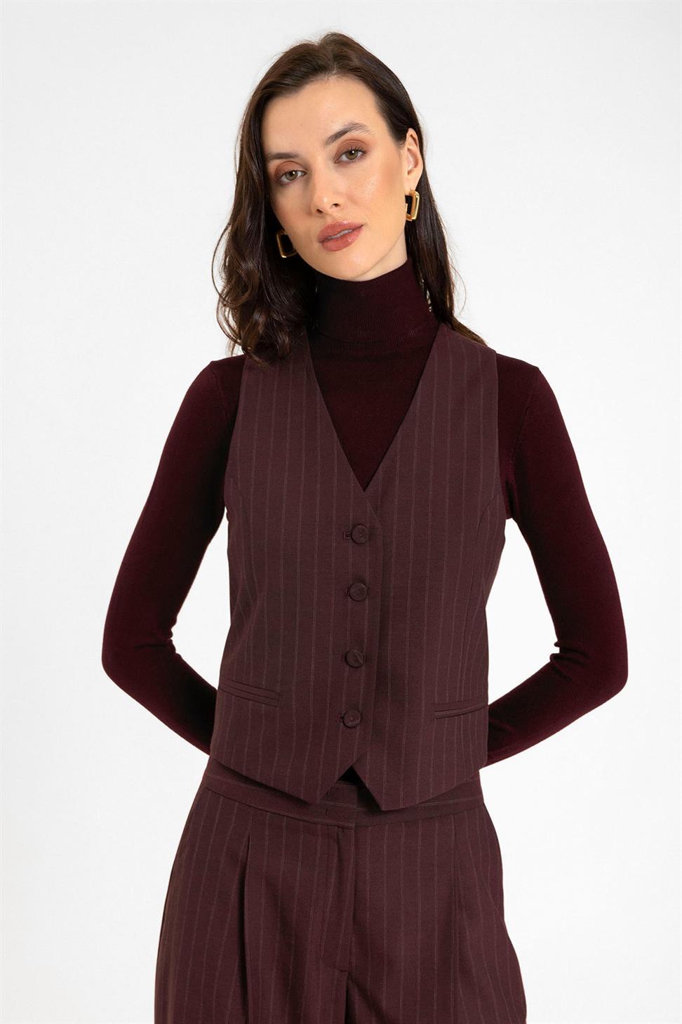 Antioch Bordo Kadın Çizgili Düğme Kapama Yelek