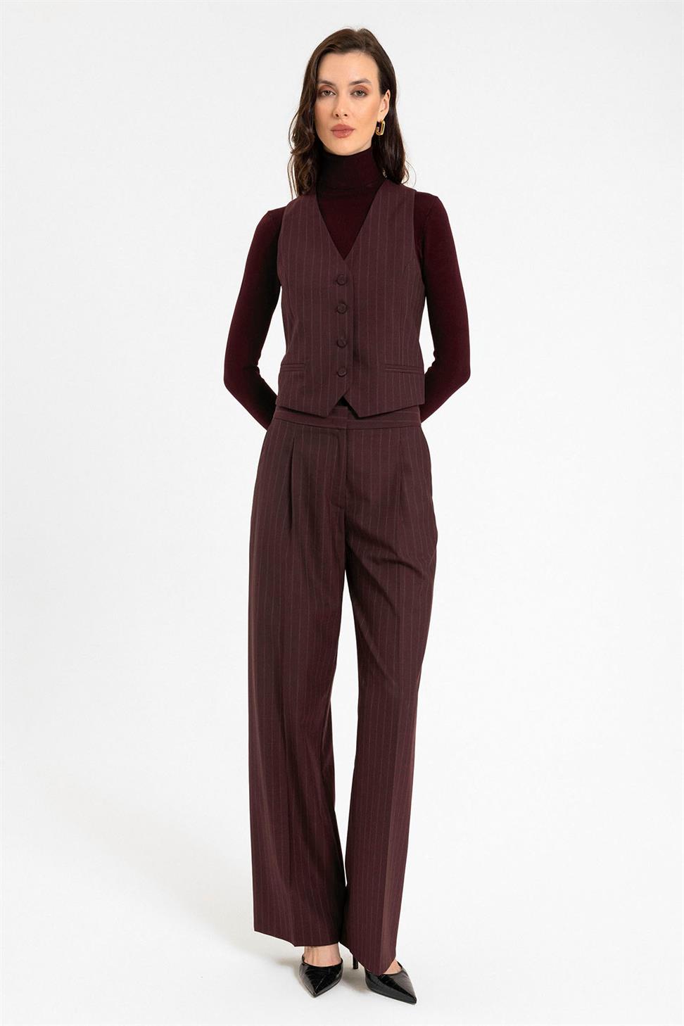 Antioch Bordo Kadın Çizgili Düğme Kapama Yelek