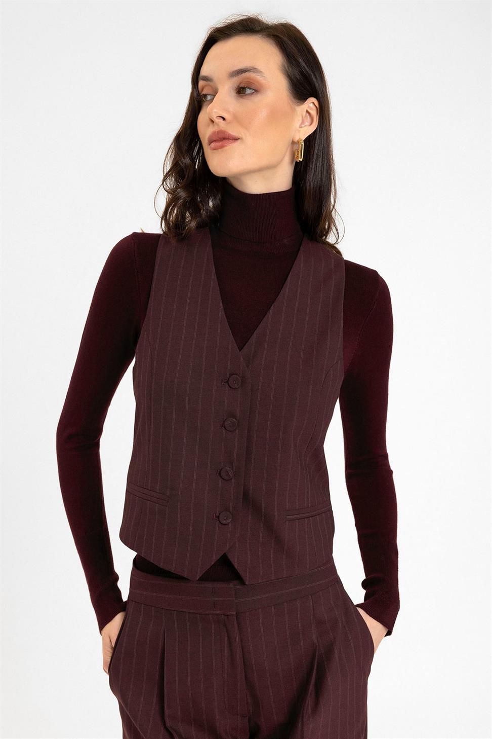 Antioch Bordo Kadın Çizgili Düğme Kapama Yelek