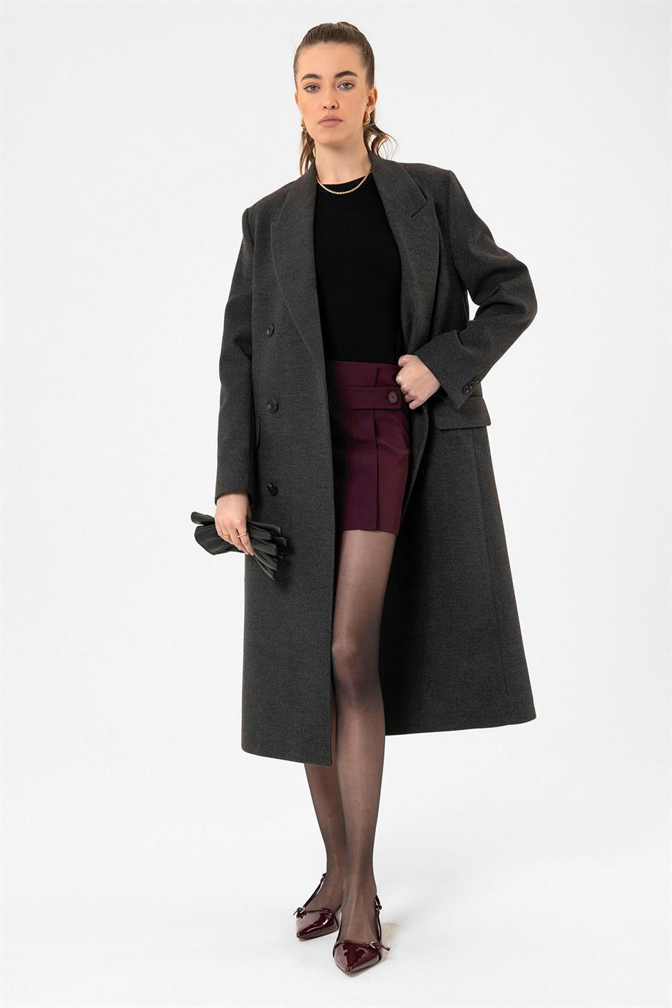 Antioch Bordo Kadın Düğme Detaylı Mini Etek