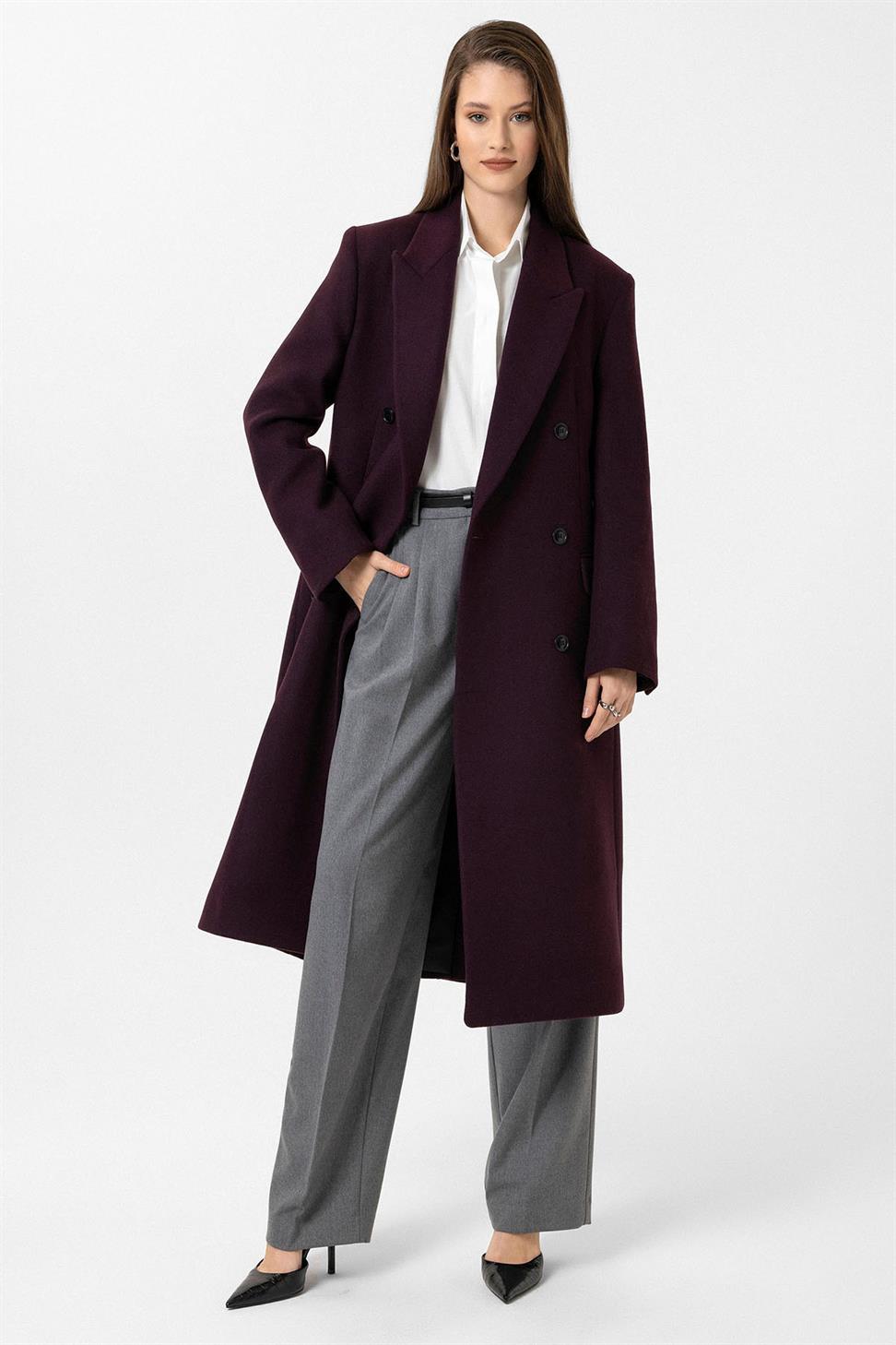 Antioch Bordo Kadın Kemerli Kruvaze Kaban