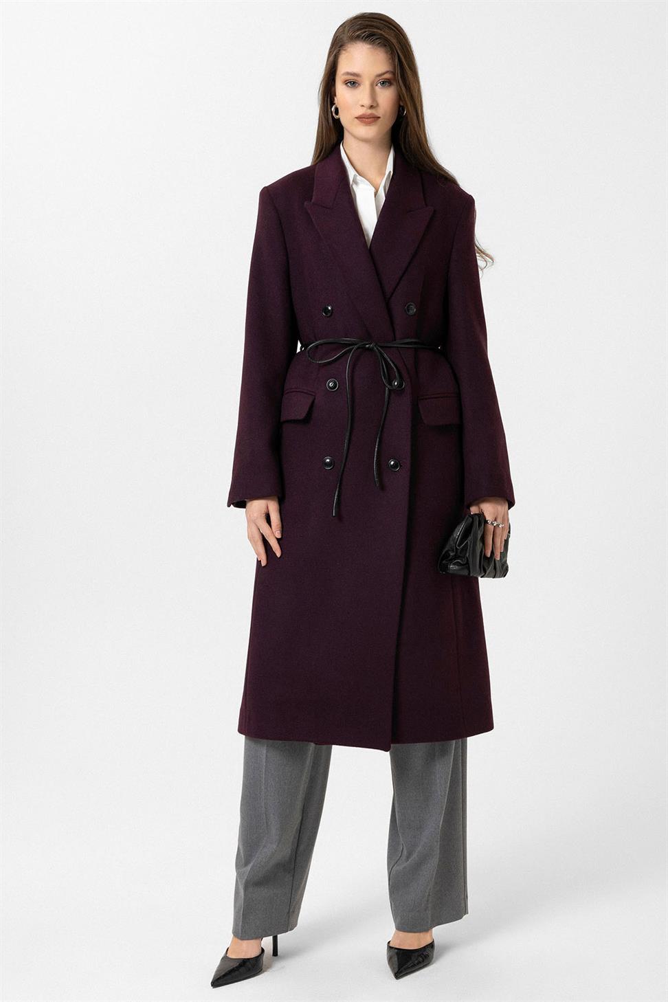 Antioch Bordo Kadın Kemerli Kruvaze Kaban