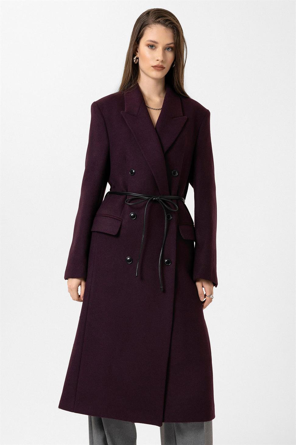 Antioch Bordo Kadın Kemerli Kruvaze Kaban