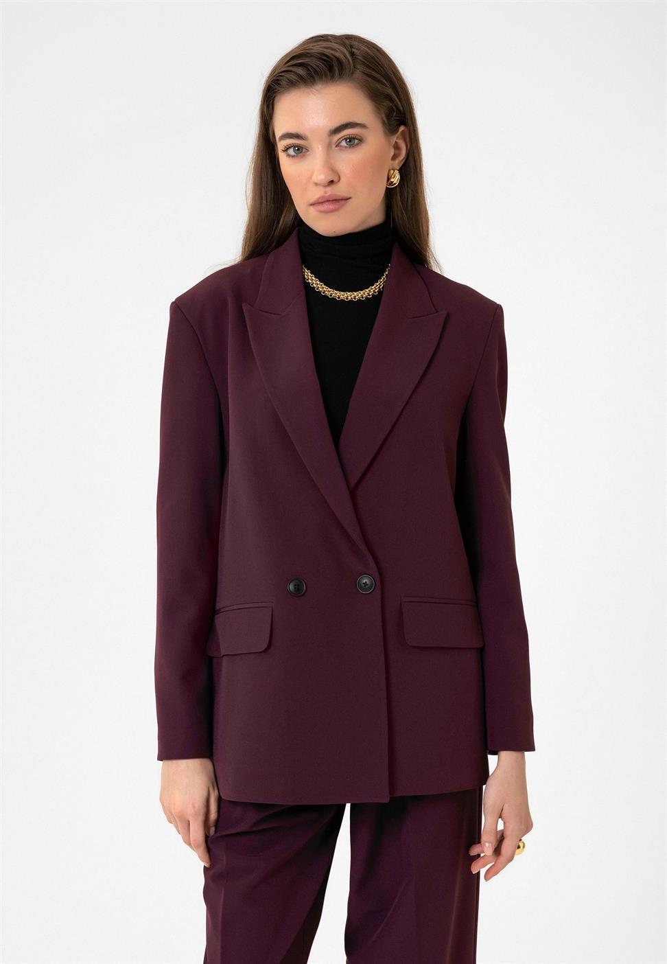 Antioch Bordo Kadın Kruvaze Kapama Oversize Blazer Ceket