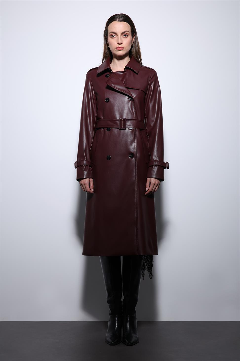Antioch Bordo Kadın Suni Deri Kemerli Trençkot