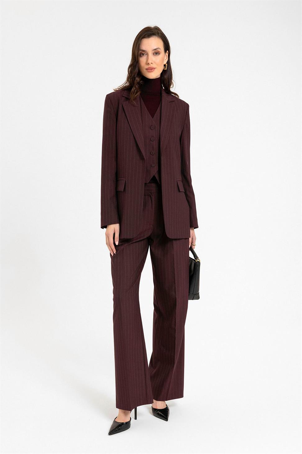 Antioch Bordo Kadın Tek Düğme Çizgili Blazer Ceket