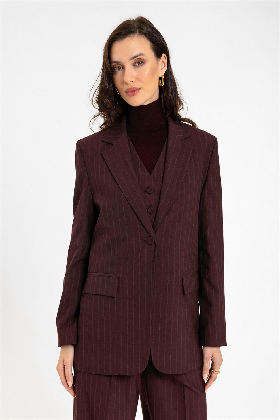 Antioch Bordo Kadın Tek Düğme Çizgili Blazer Ceket
