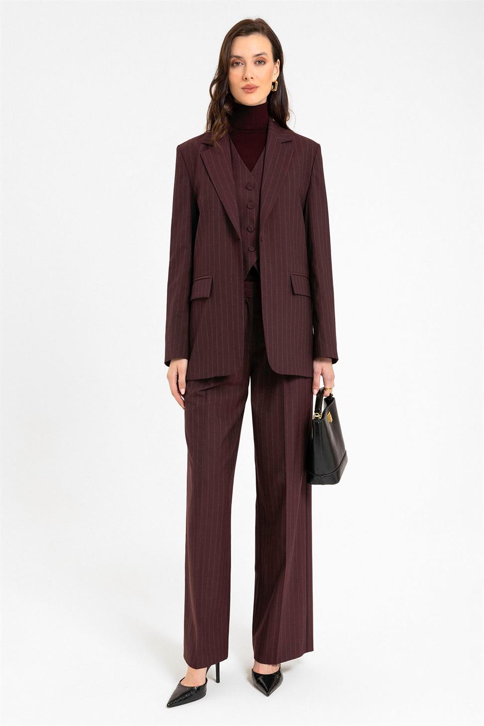Antioch Bordo Kadın Tek Düğme Çizgili Blazer Ceket