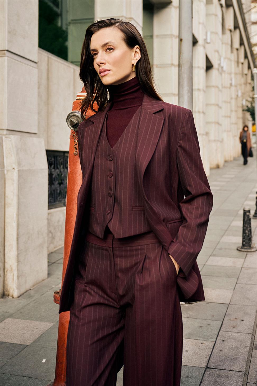 Antioch Bordo Kadın Tek Düğme Çizgili Blazer Ceket