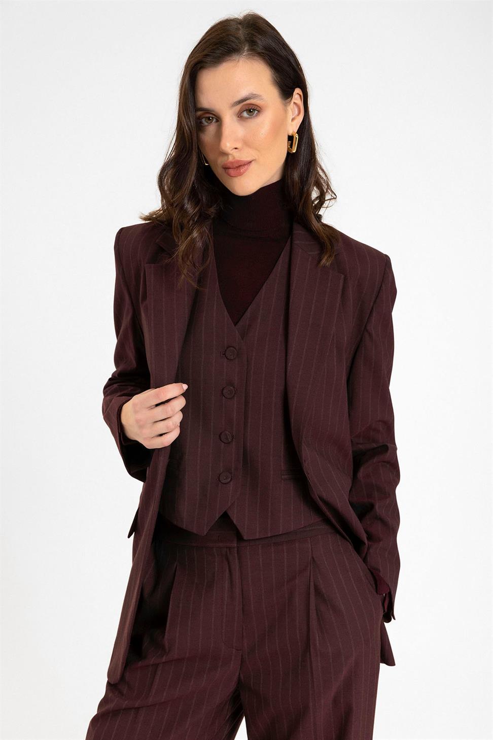 Antioch Bordo Kadın Tek Düğme Çizgili Blazer Ceket
