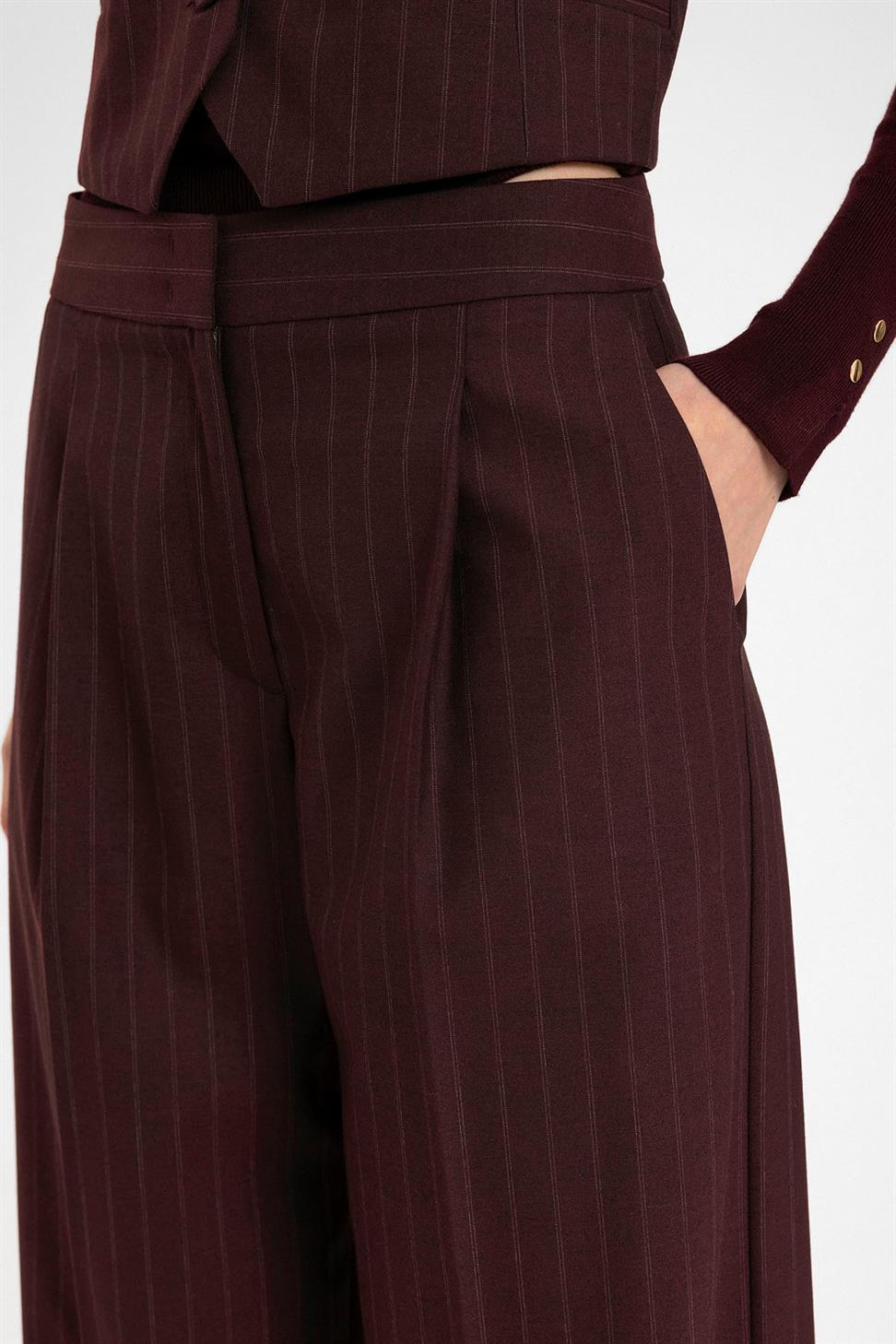 Antioch Bordo Kadın Yüksek Bel Çizgili Pantolon