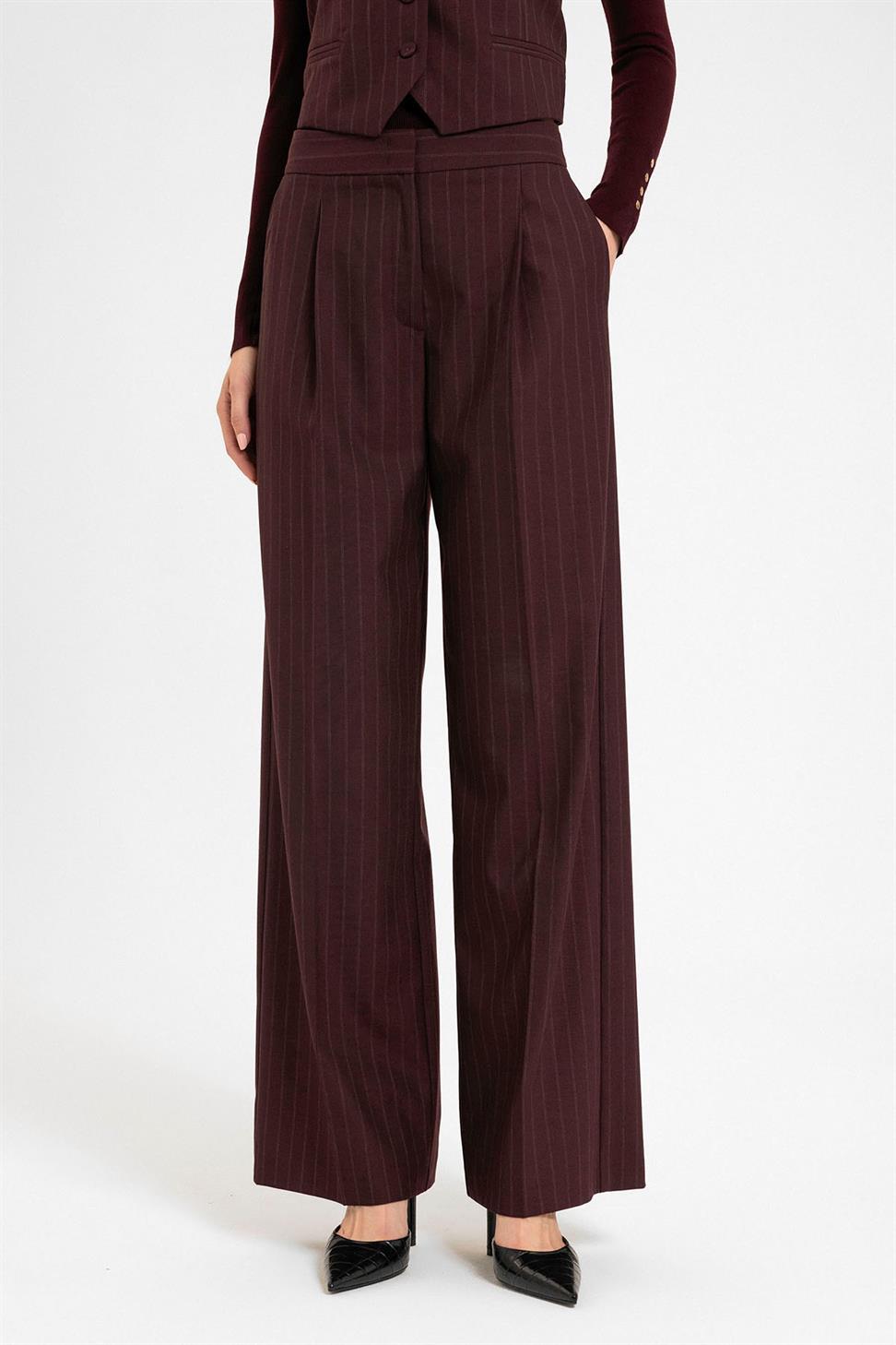 Antioch Bordo Kadın Yüksek Bel Çizgili Pantolon