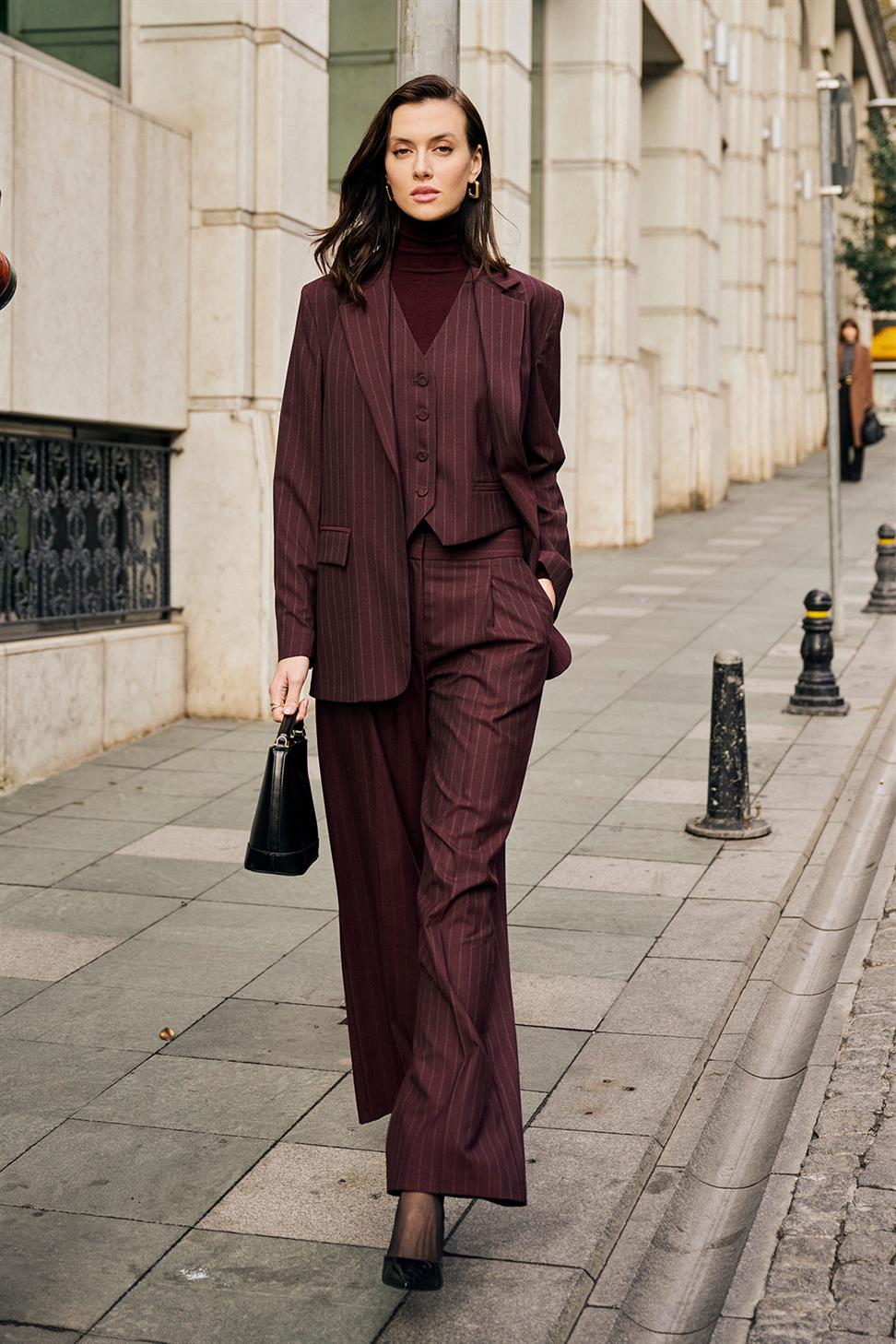 Antioch Bordo Kadın Yüksek Bel Çizgili Pantolon