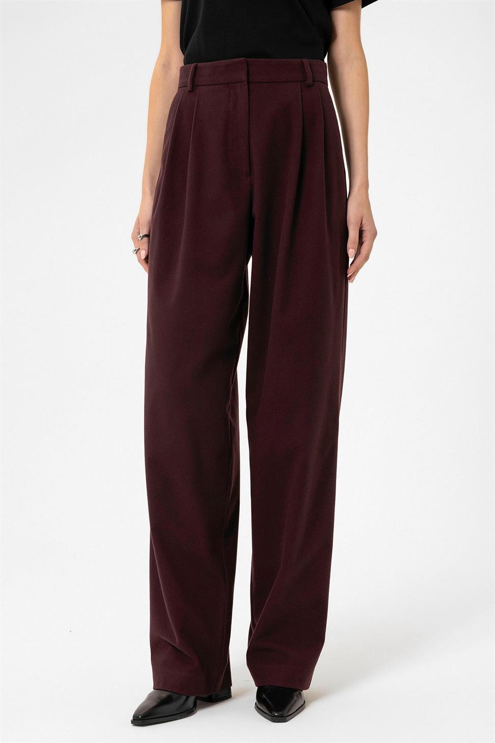 Antioch Bordo Kadın Yüksek Bel Pens Detaylı Straight Fit Pantolon