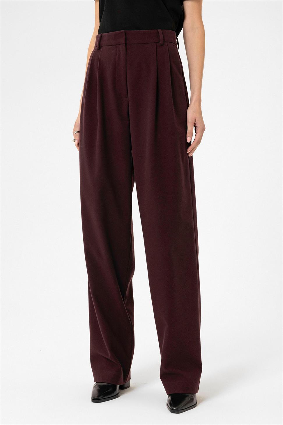 Antioch Bordo Kadın Yüksek Bel Pens Detaylı Straight Fit Pantolon