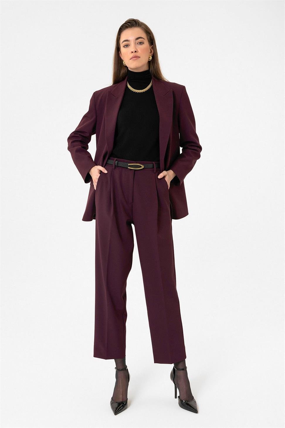 Antioch Bordo Kadın Yüksek Bel Straight Fit Kısa Pantolon