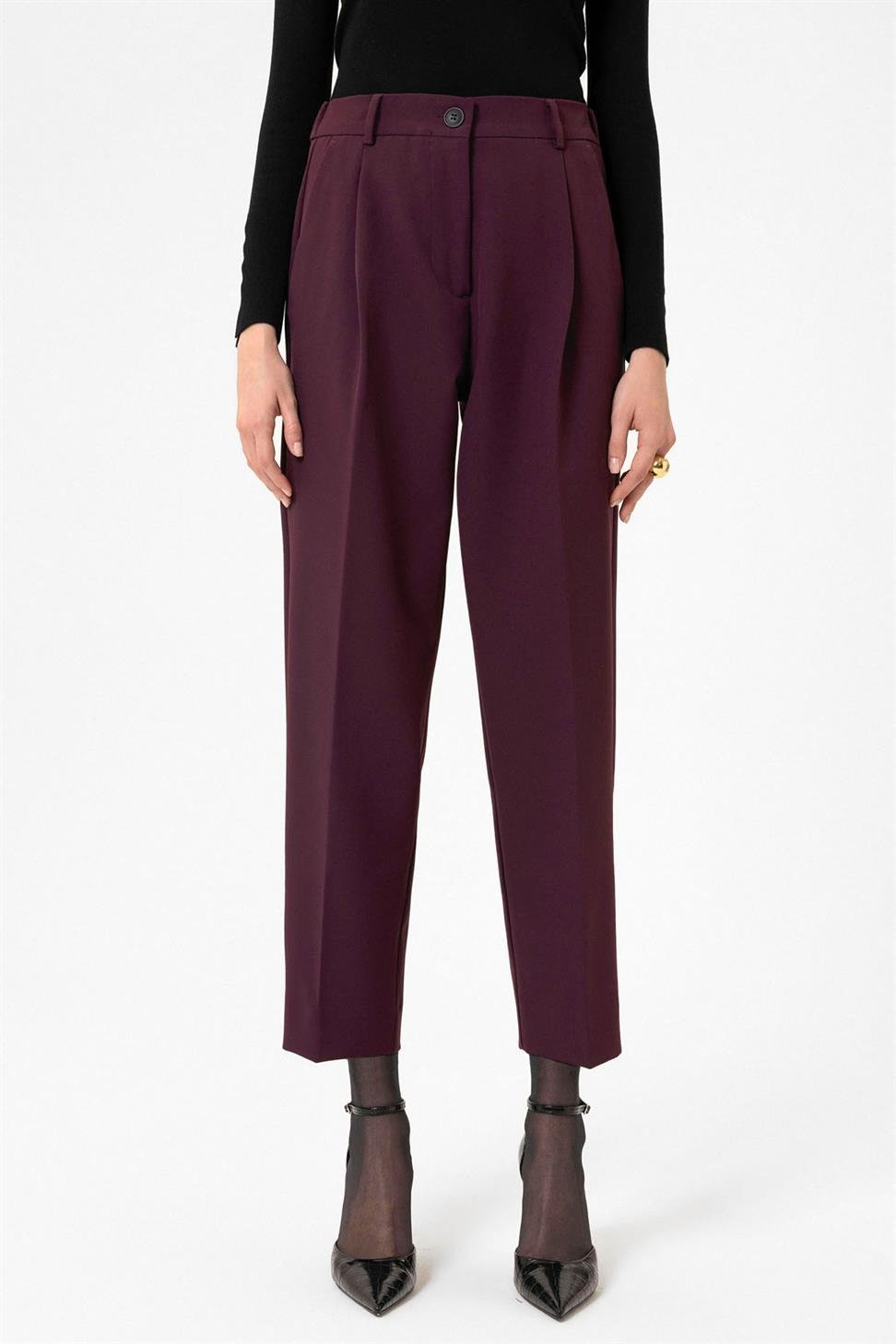 Antioch Bordo Kadın Yüksek Bel Straight Fit Kısa Pantolon