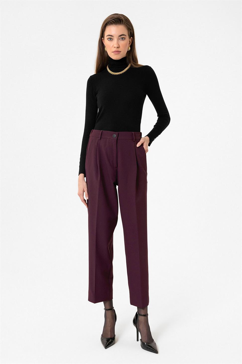 Antioch Bordo Kadın Yüksek Bel Straight Fit Kısa Pantolon