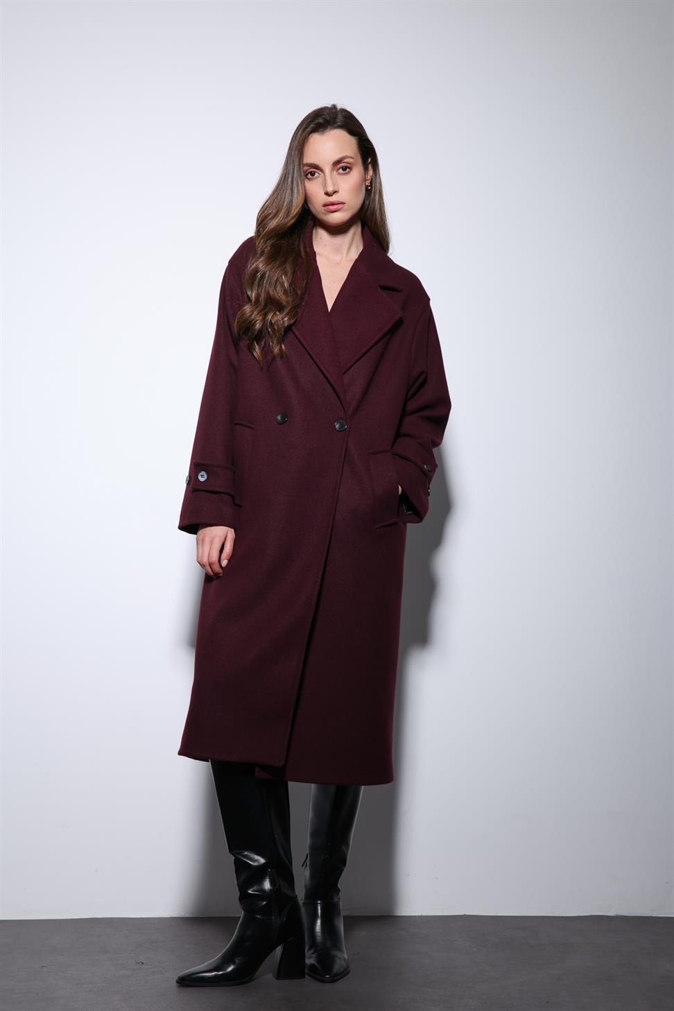 Antioch Bordo Kadın Yumuşak Dokulu Oversize Kruvaze Kaban