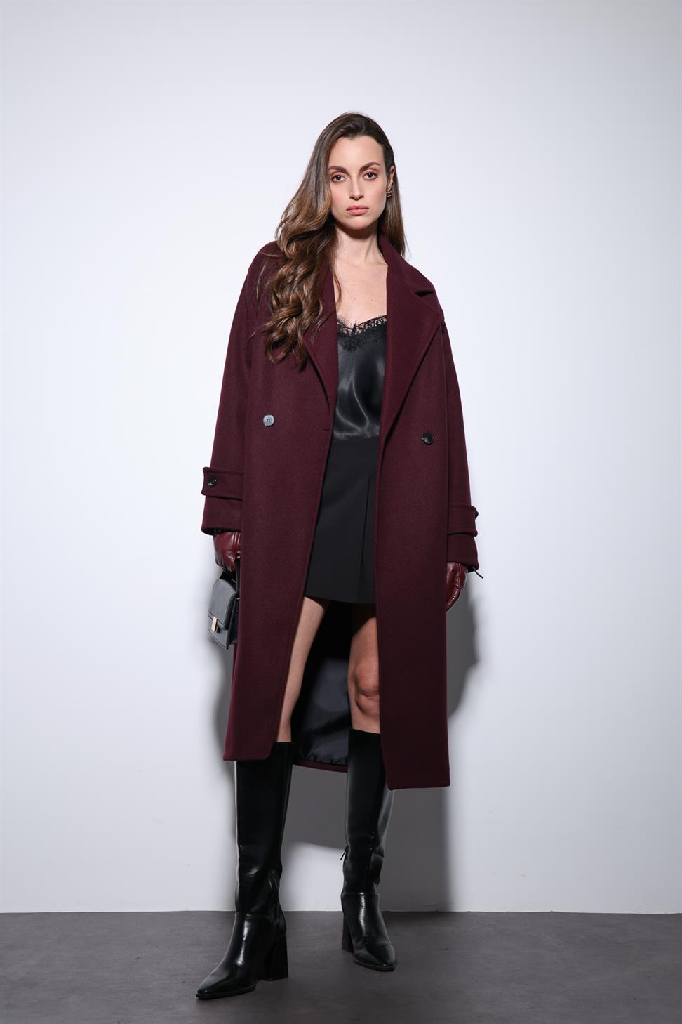 Antioch Bordo Kadın Yumuşak Dokulu Oversize Kruvaze Kaban