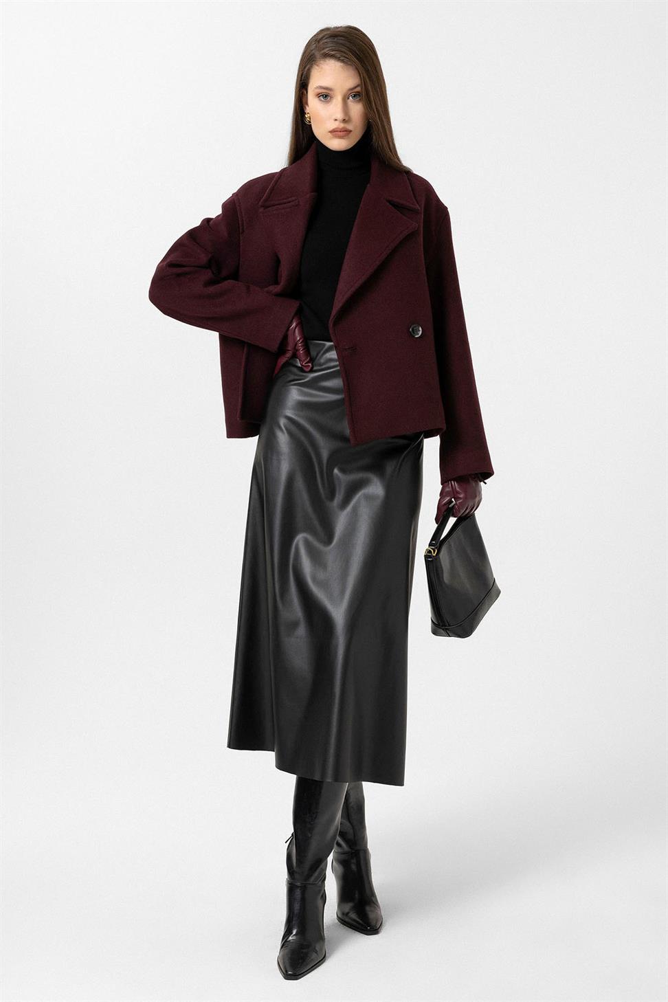 Antioch Bordo Kadın Yün Karışımlı Kruvaze Kapama Mont