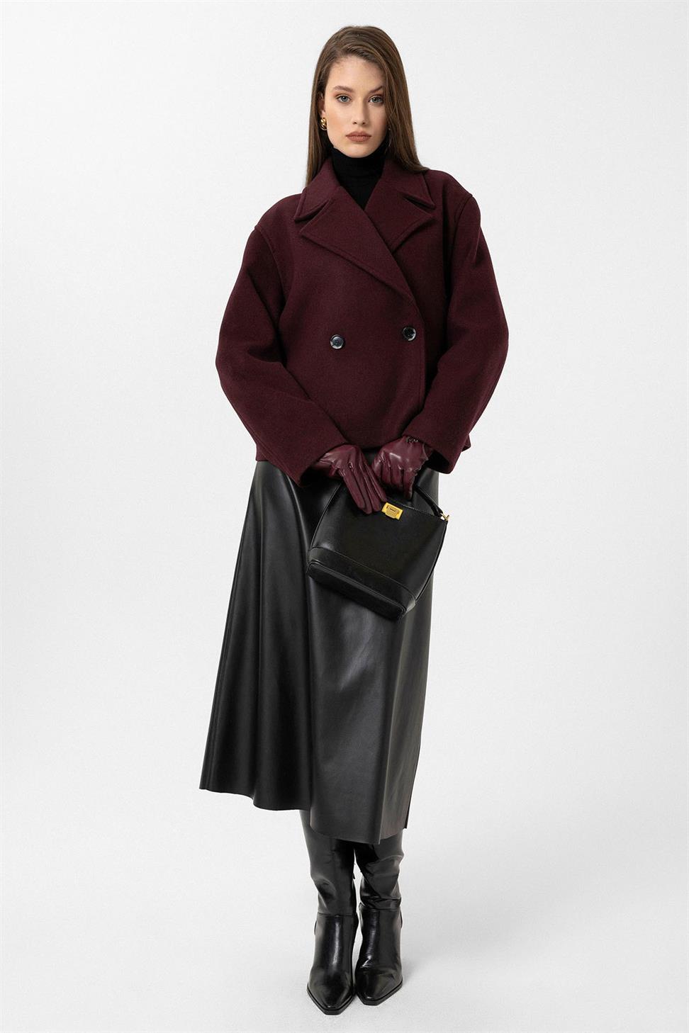 Antioch Bordo Kadın Yün Karışımlı Kruvaze Kapama Mont