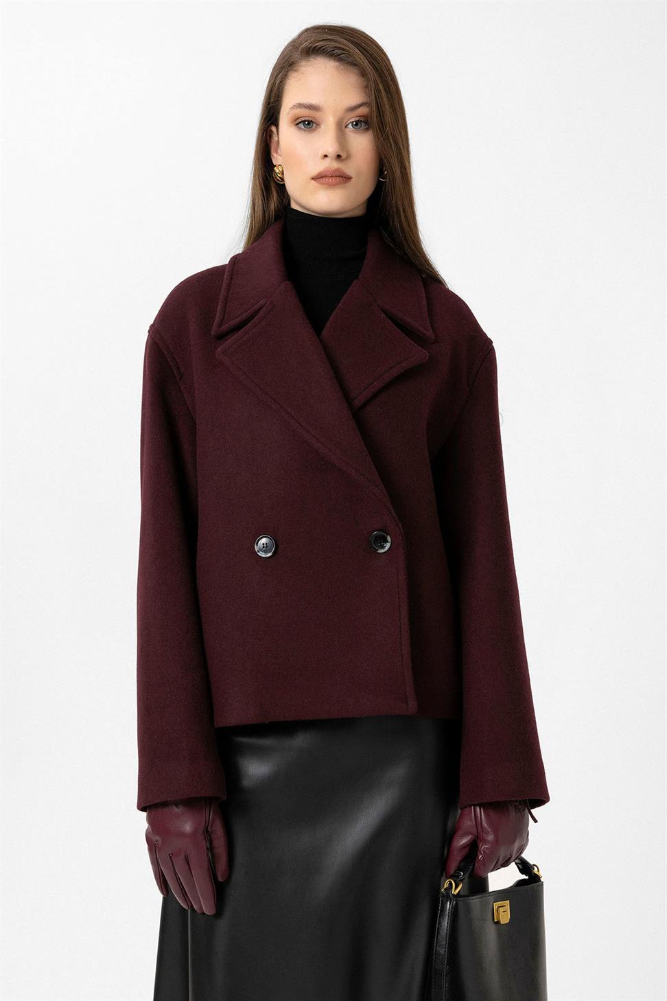 Antioch Bordo Kadın Yün Karışımlı Kruvaze Kapama Mont