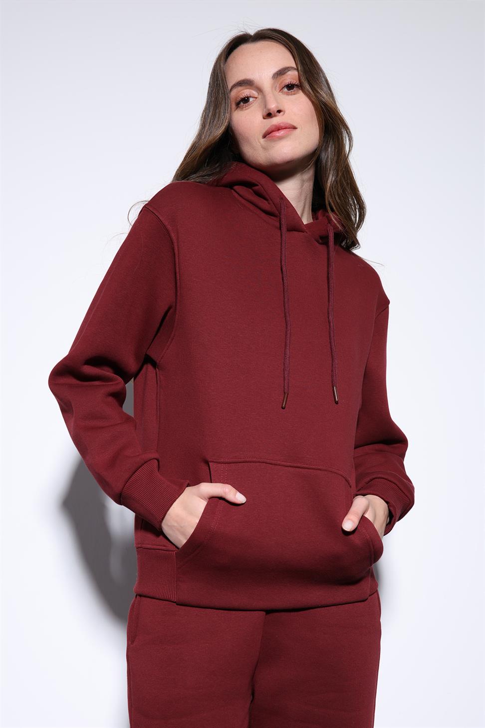 Antioch Bordo Kapüşonlu Basic Kadın Sweatshirt