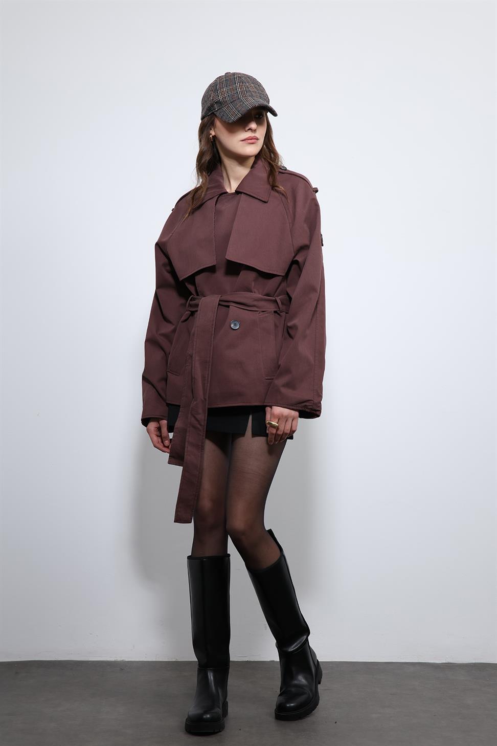 Antioch Bordo Kemerli Kısa Trençkot