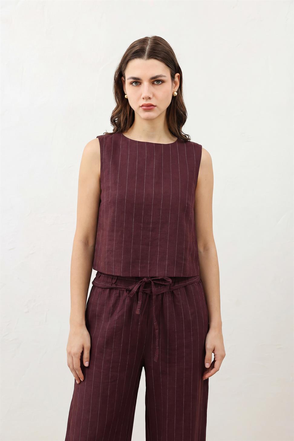 Womens Striped Linen-Blend Suit