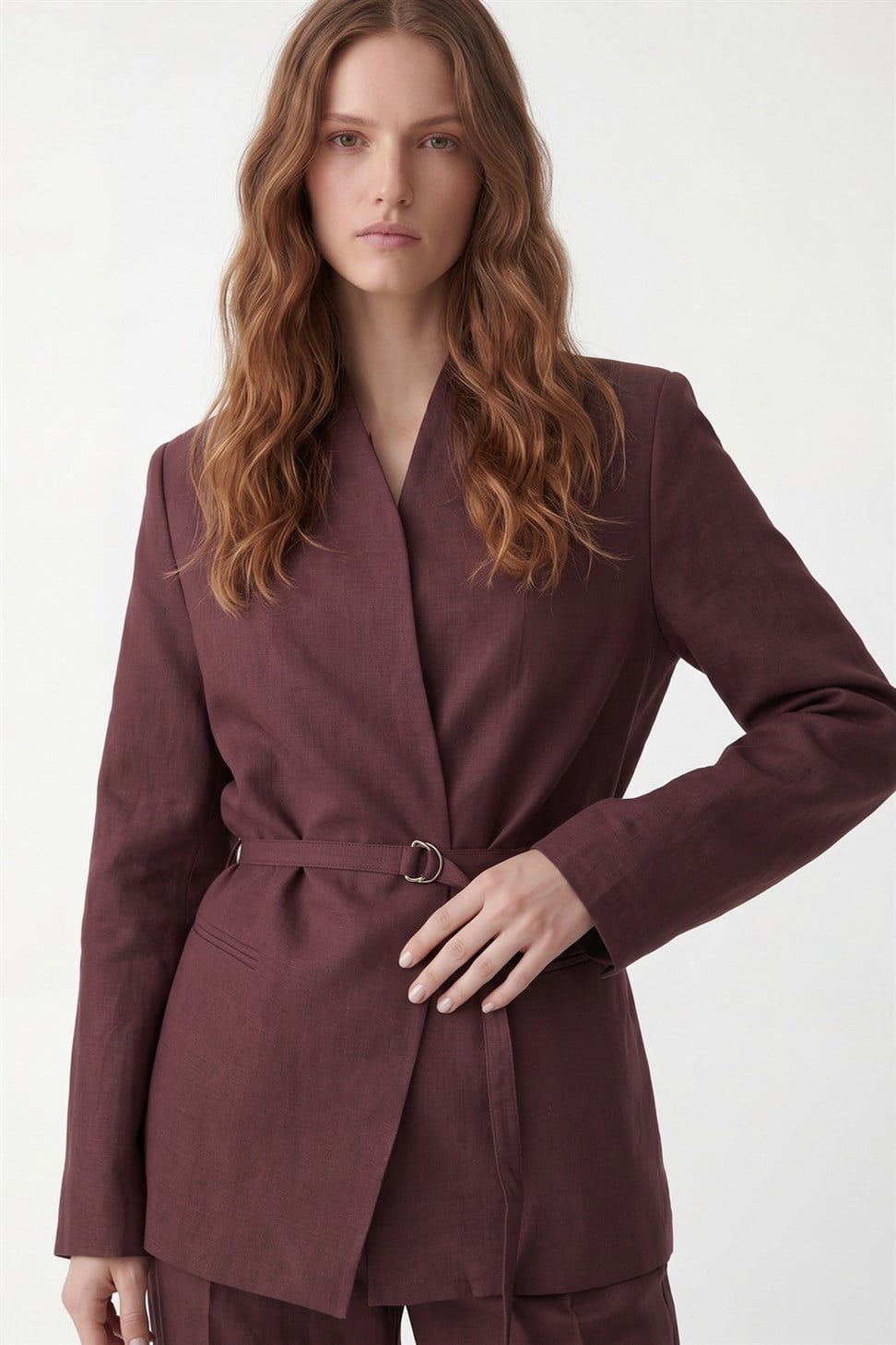 Antioch Bordo Keten Karışımlı Kadın Blazer Ceket