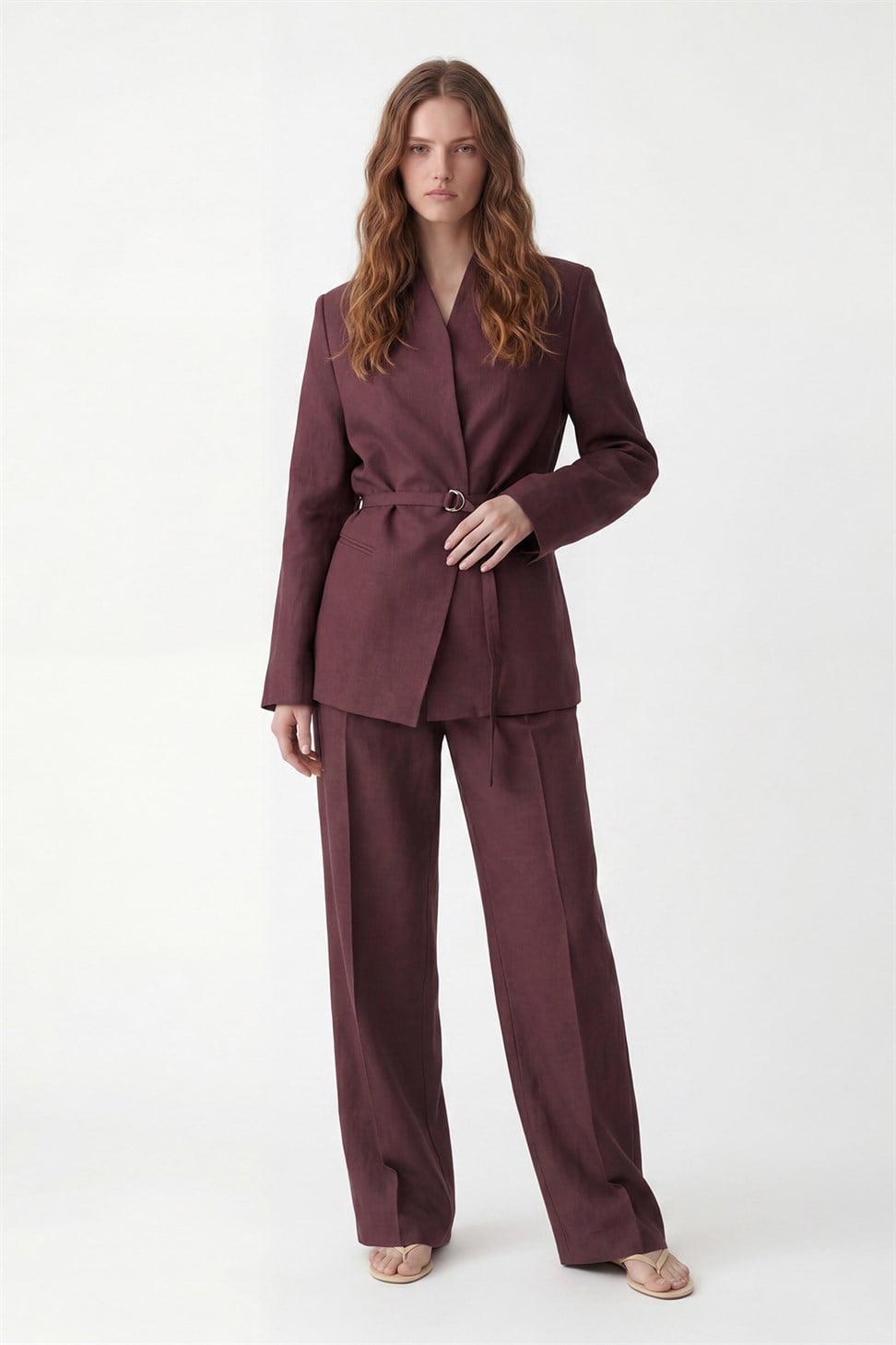 Antioch Bordo Keten Karışımlı Kadın Blazer Ceket