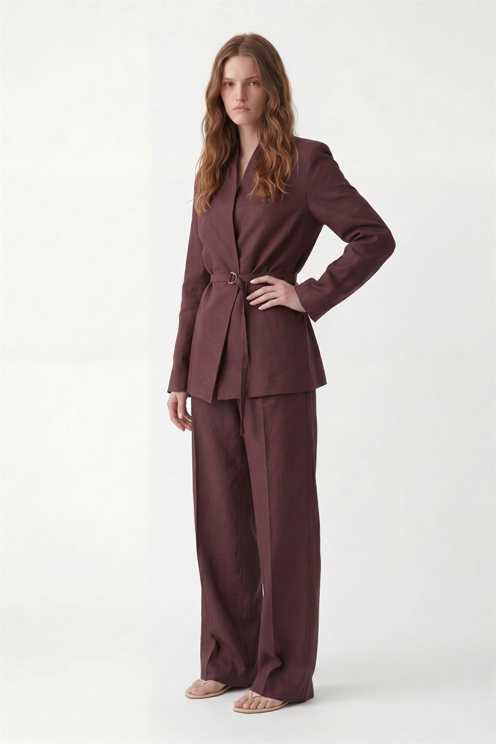 Antioch Bordo Keten Karışımlı Kadın Blazer Ceket