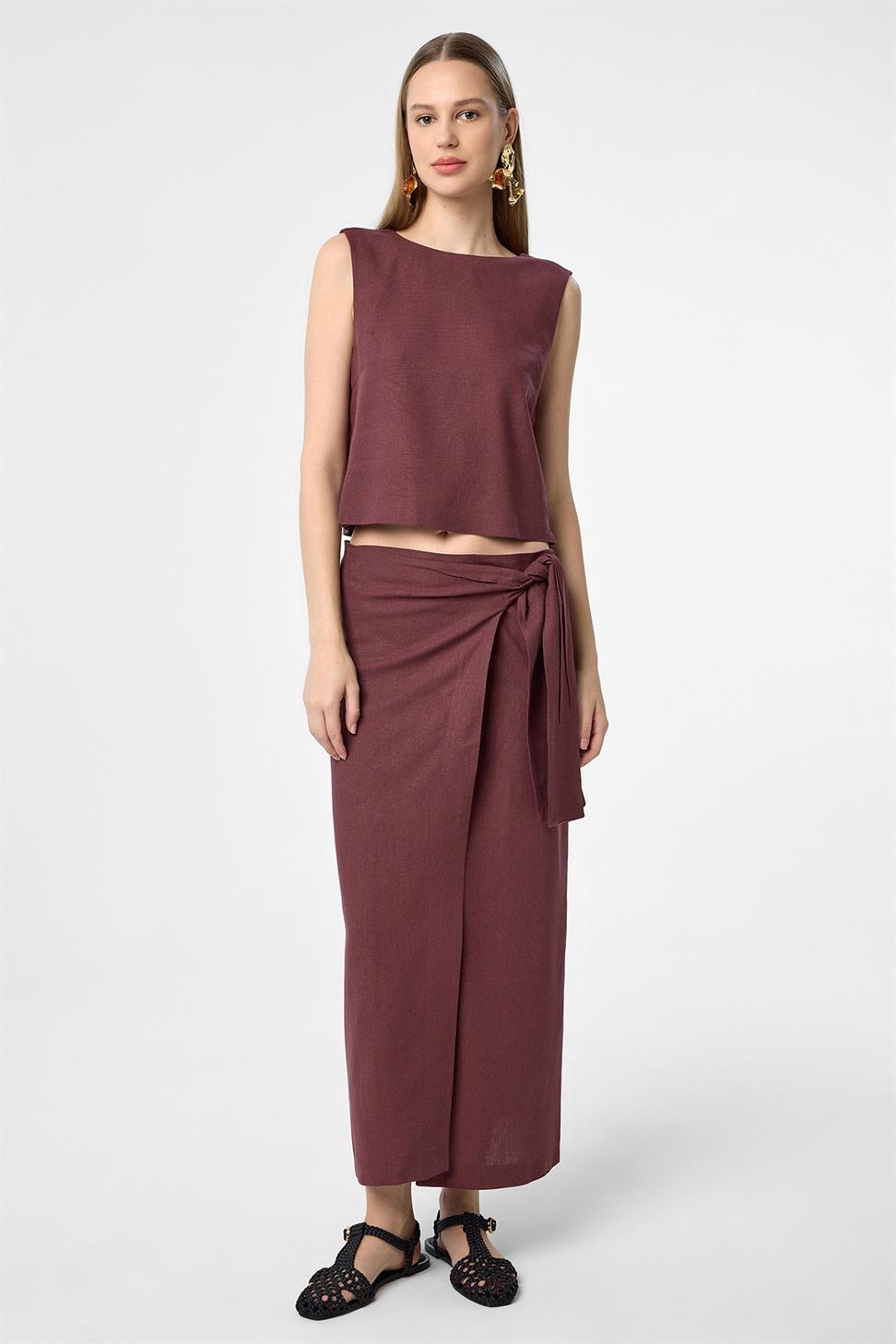 Antioch Bordo Keten Karışımlı Kadın Bluz