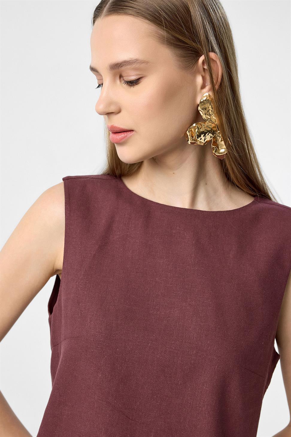 Antioch Bordo Keten Karışımlı Kadın Bluz