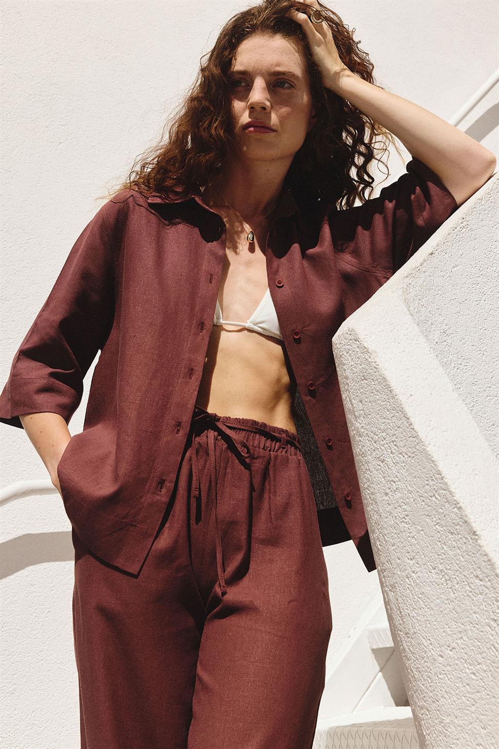 Antioch Bordo Keten Karışımlı Kadın Gömlek