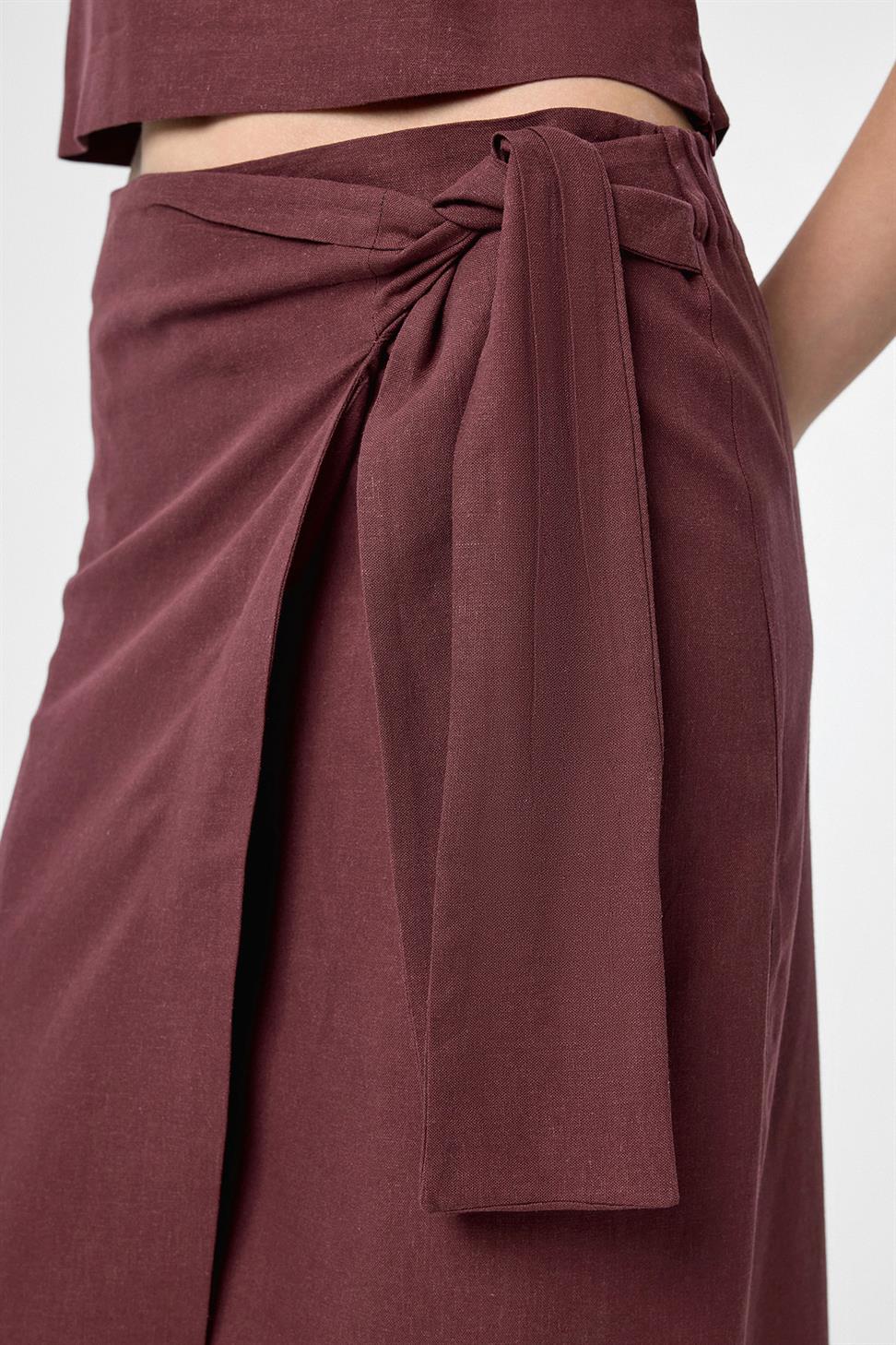 Antioch Bordo Keten Karışımlı Kuşaklı Kadın Etek