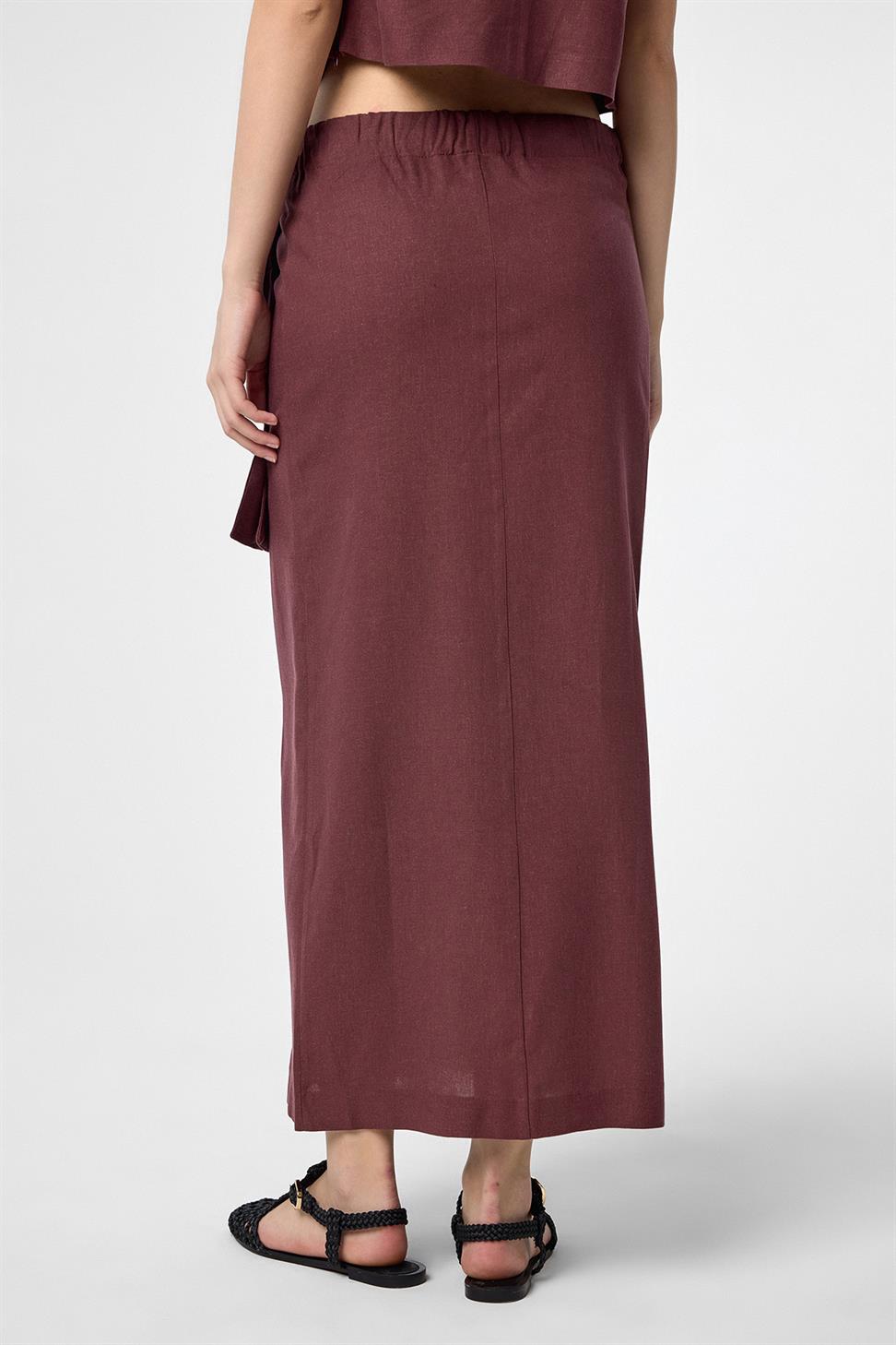 Antioch Bordo Keten Karışımlı Kuşaklı Kadın Etek