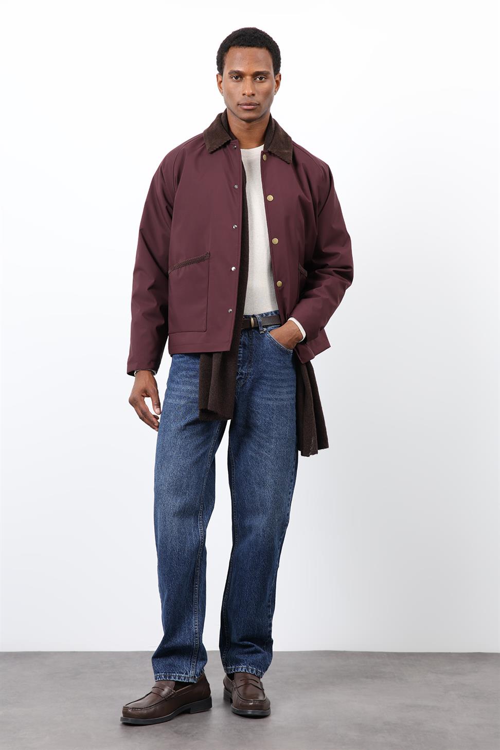 Antioch Bordo Kontrast Yaka Erkek Mont