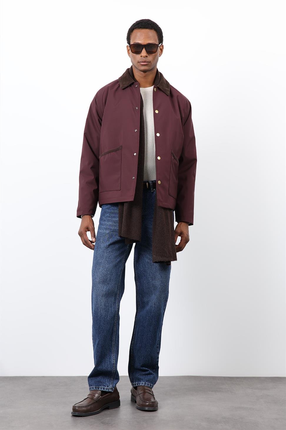 Antioch Bordo Kontrast Yaka Erkek Mont
