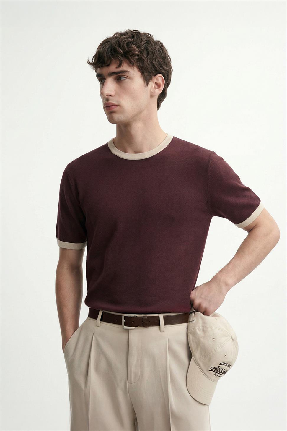 Antioch Bordo Kontrast Yaka Erkek T-Shirt
