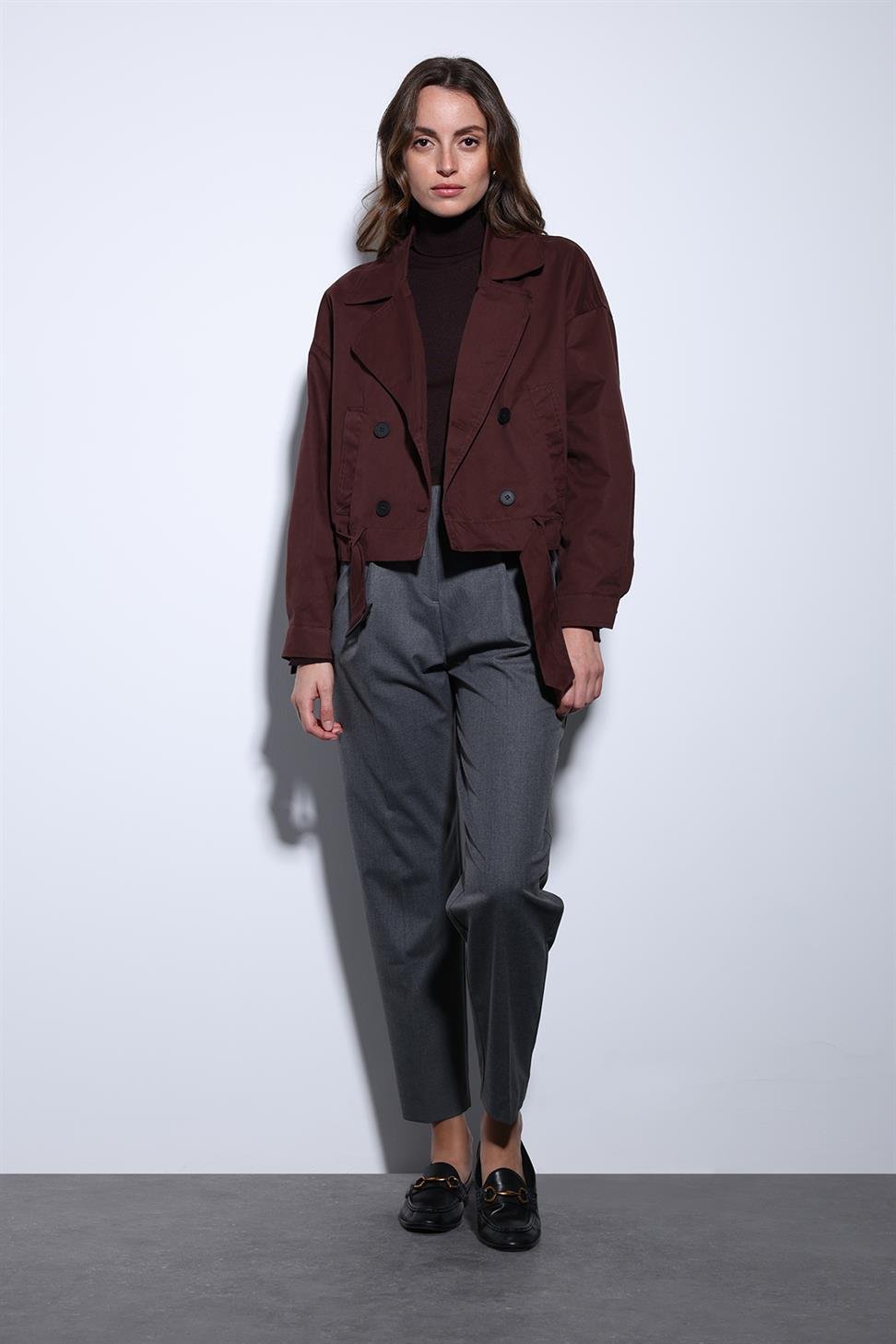 Antioch Bordo Kruvaze Kısa Kadın Trençkot