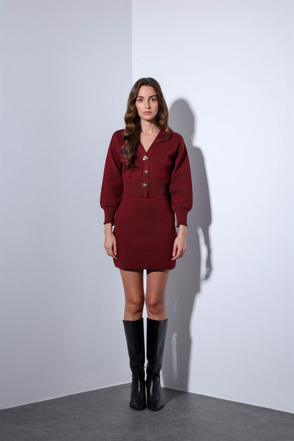 Antioch Bordo Metal Düğme Kadın Triko Hırka