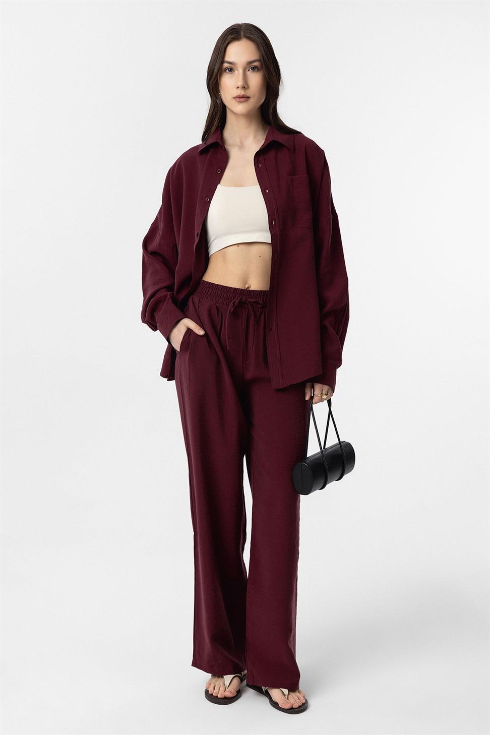 Antioch Bordo Modal Kadın Gömlek Pantolon Takım