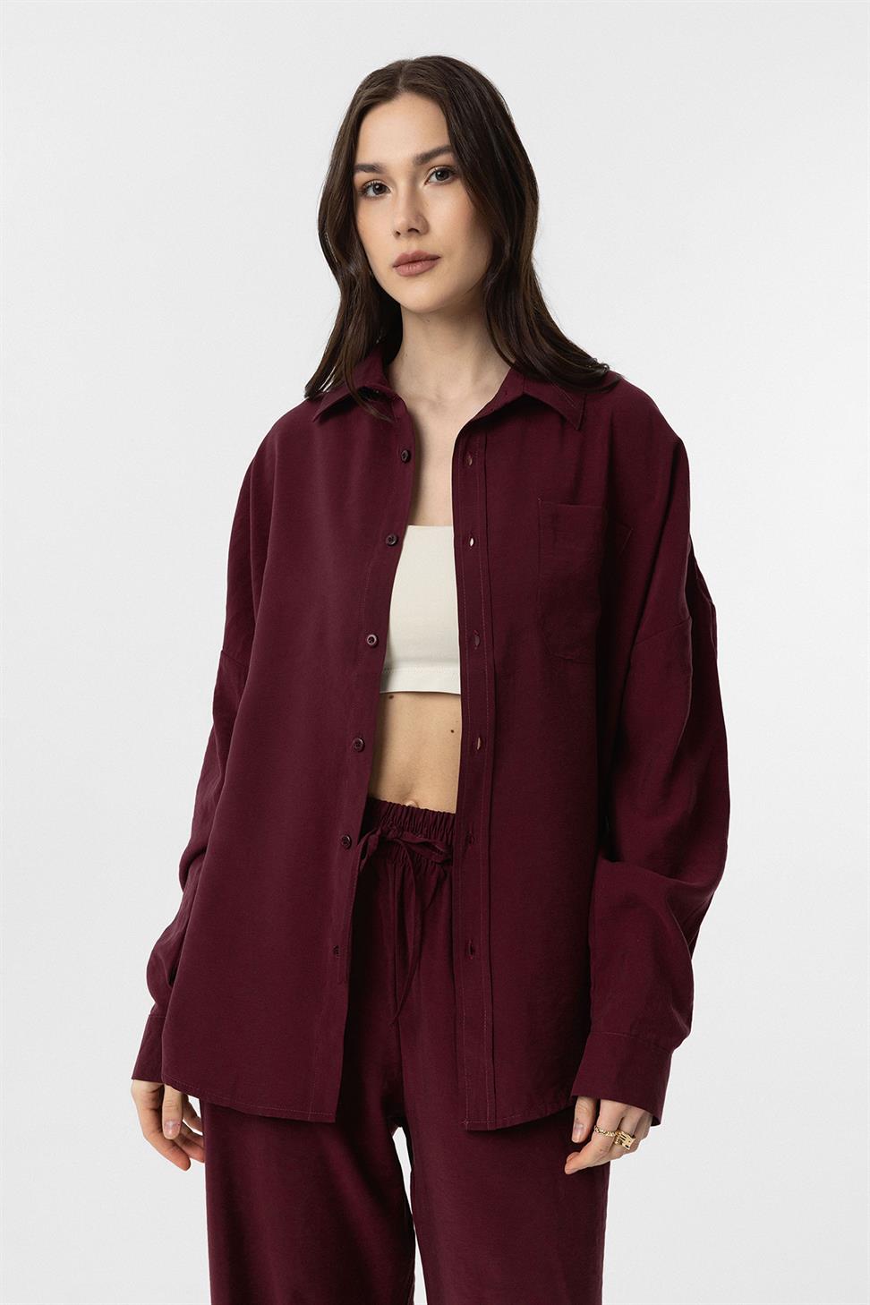 Antioch Bordo Modal Kadın Gömlek Pantolon Takım