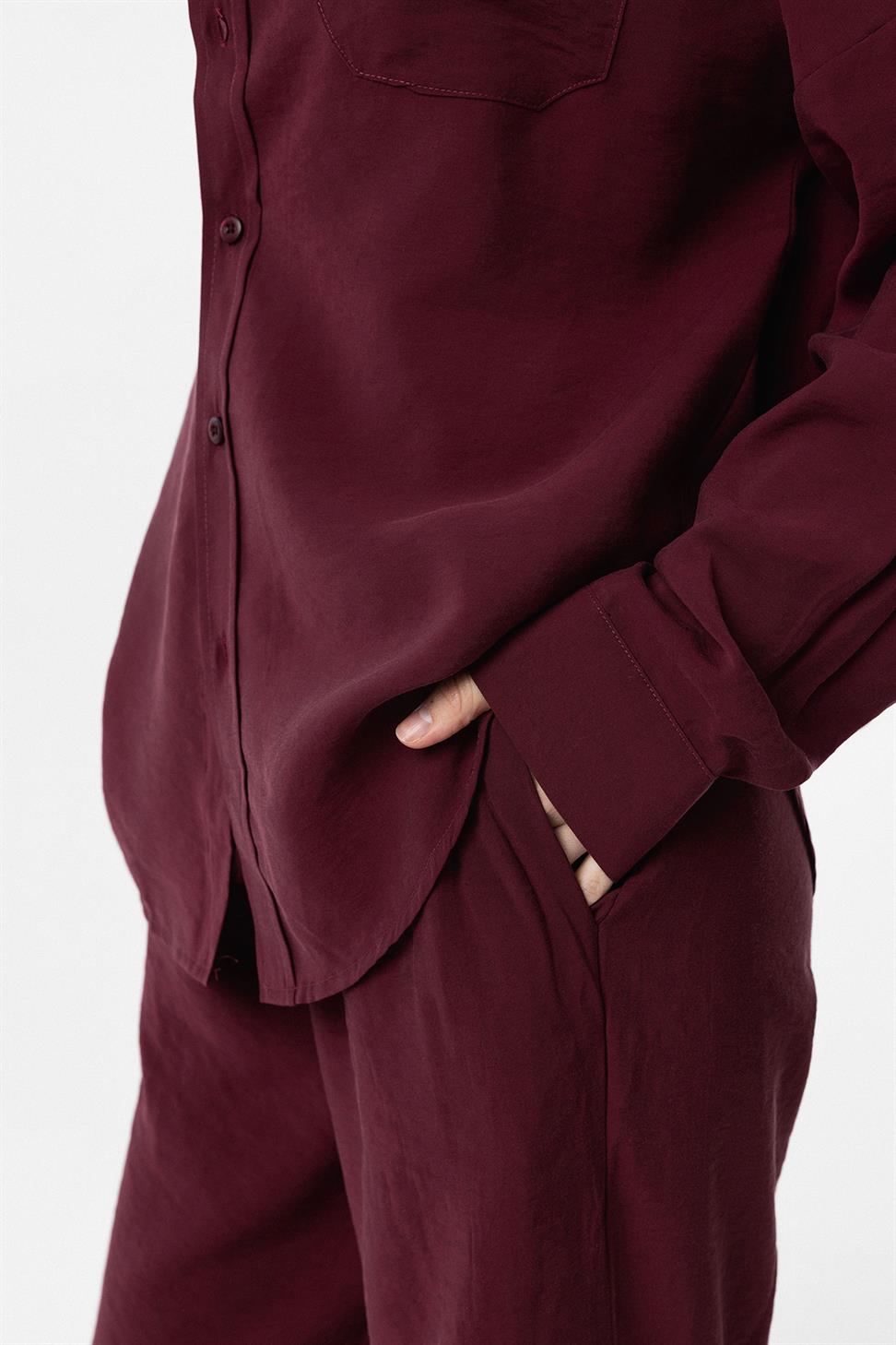 Antioch Bordo Modal Kadın Gömlek Pantolon Takım